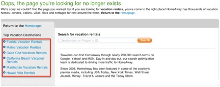 HomeAway's well-optimized 404 page, with strategic links to top landing pages.